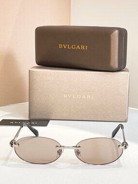 Bvlgari Rimless Oval Sunglasses – Silver Frame, Light Brown Lenses,
